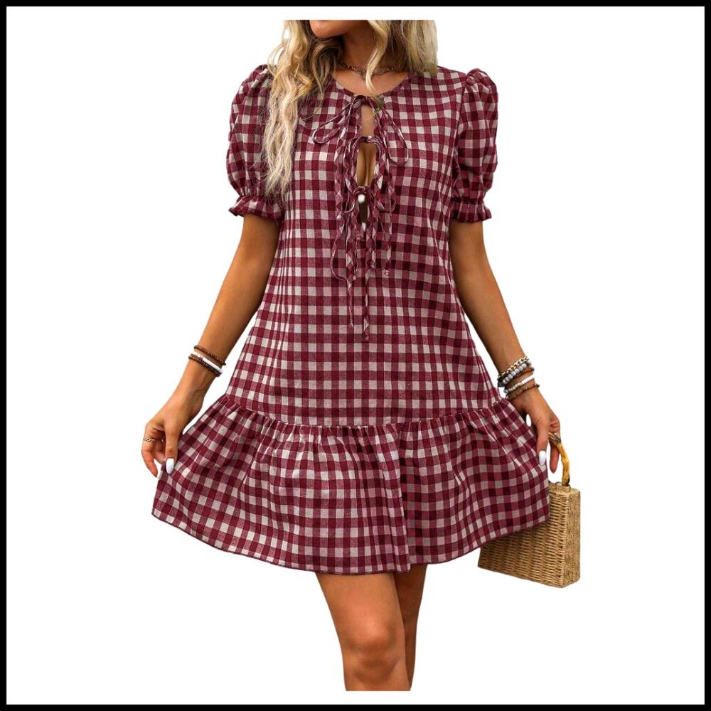 Puff Sleeve Gingham Ruffle Dress Tie Front Flared Short Casual Summer